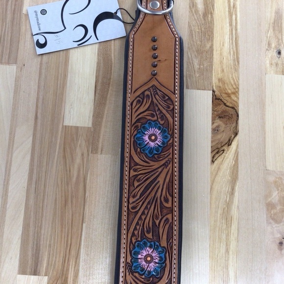Mad Cow genuine leather western dog collar handmade brown turquoise pink studded - Picture 9 of 16